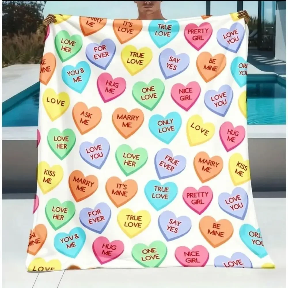 NWT Valentines Candy Hearts Digital Print Polyester Knit Blanket Throw 40
